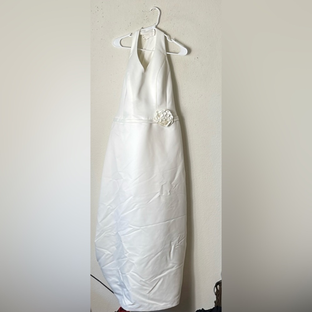 David's Bridal White Halter Satin Wedding Dress with Floral Belt